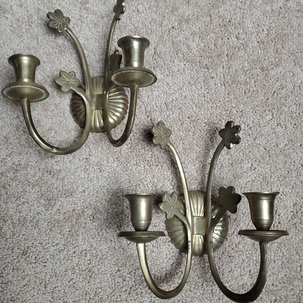 Vtg Brass wall candle holders set 2